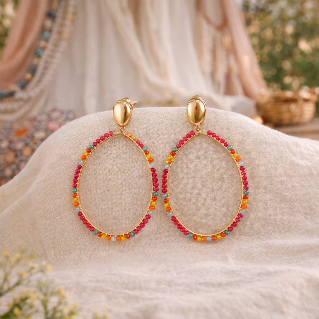 Boucles d'oreilles ovales bohèmes cristal fuchsia multicolores acier inoxydable doré