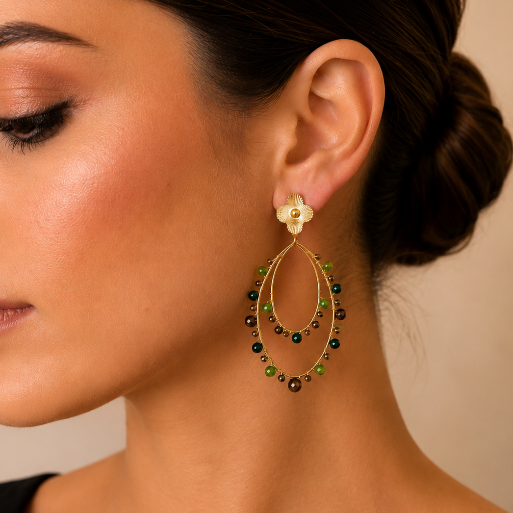 Boucles d'oreilles ovales perles facettées vertes et bronze - acier inoxydable doré