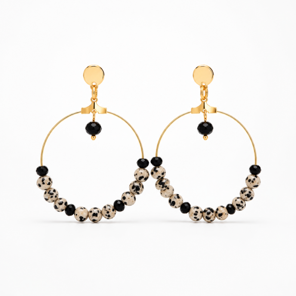 Boucles d'oreilles créoles jaspe dalmatien clou en acier inoxydable doré