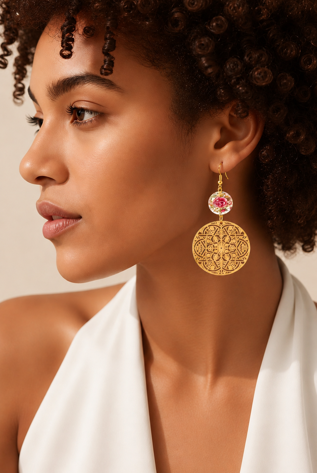 Boucles d'oreilles filigrane doré fleur rose - acier inoxydable