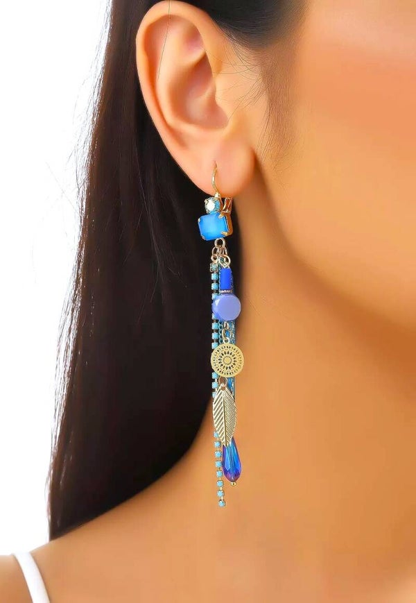 Boucles d’oreilles longues bohèmes à rubans, strass et perles