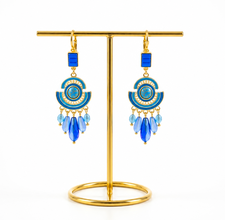 Boucles d'oreilles bohèmes en émail avec pendants en cristal - 3 coloris
