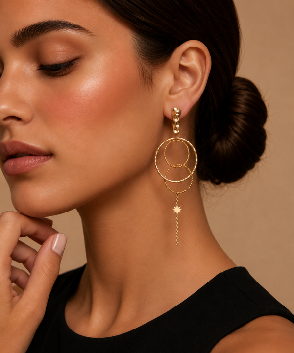 Boucles d'oreilles longues dorées cercles entrelacés étoile acier inoxydable