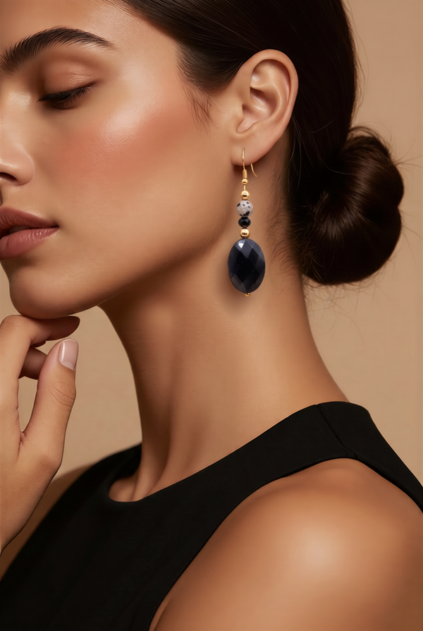 Boucles d'oreilles longues en acier inoxydable doré et agate noire