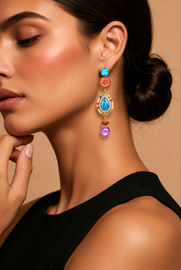Boucles d'oreilles longues chics et colorées avec strass et cristal
