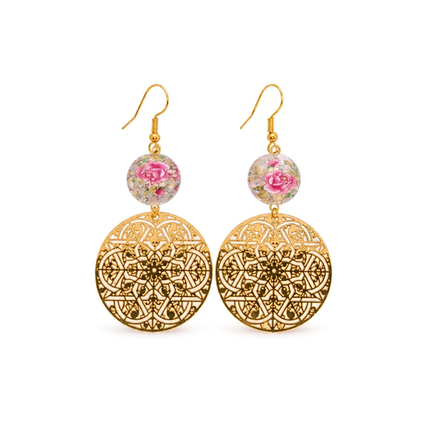 Boucles d'oreilles filigrane doré fleur rose - acier inoxydable
