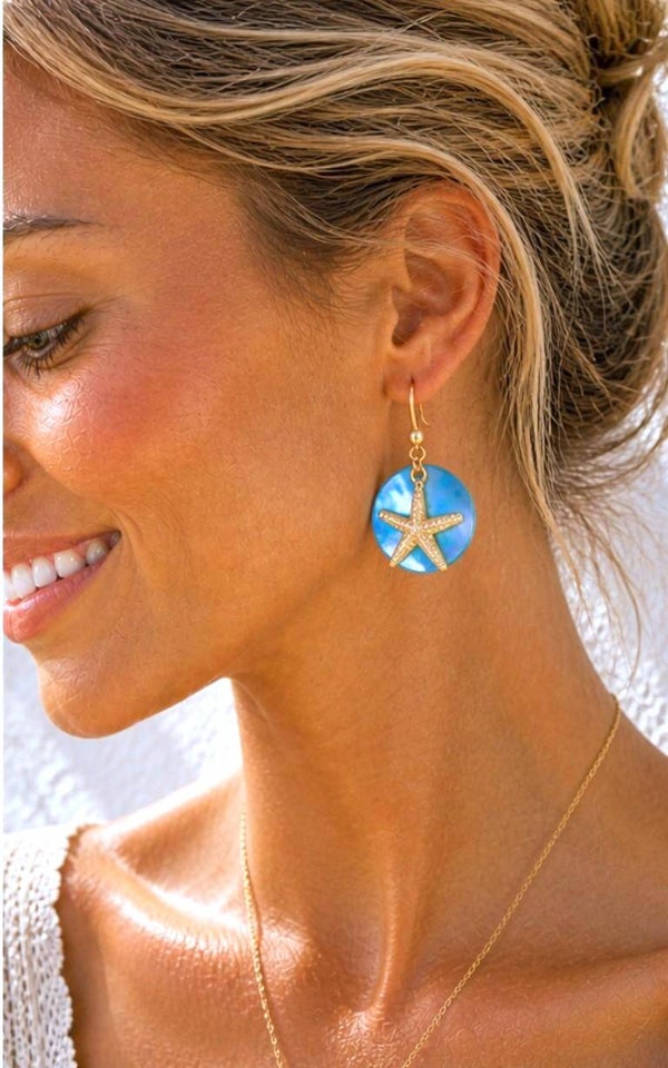 Boucles d'oreilles nacre bleu étoile de mer doré