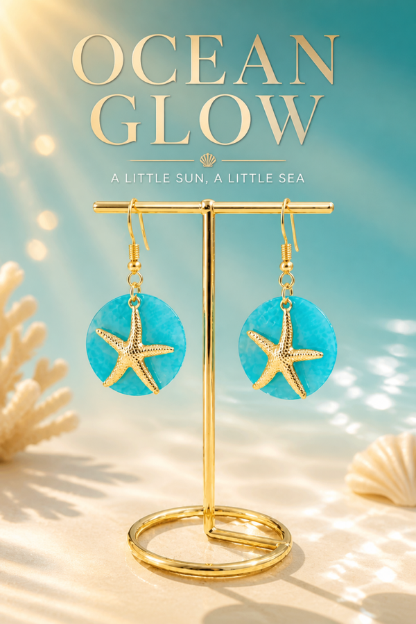 Boucles d'oreilles nacre bleu etoile de mer doree