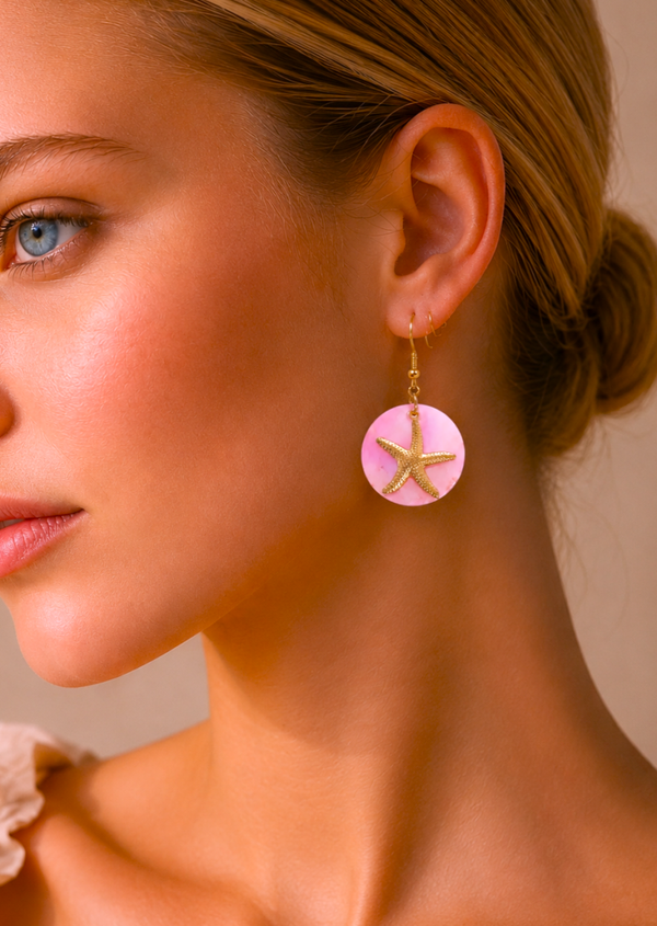 Boucles d'oreilles avec pendants en nacre et étoile de mer - acier inoxydable