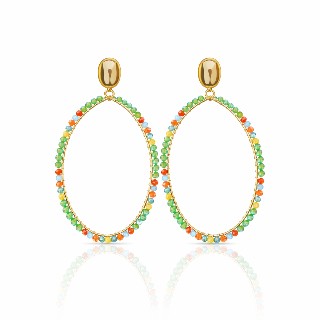 Boucles d'oreilles bohème ovales cristal vert multicolore acier inoxydable doré