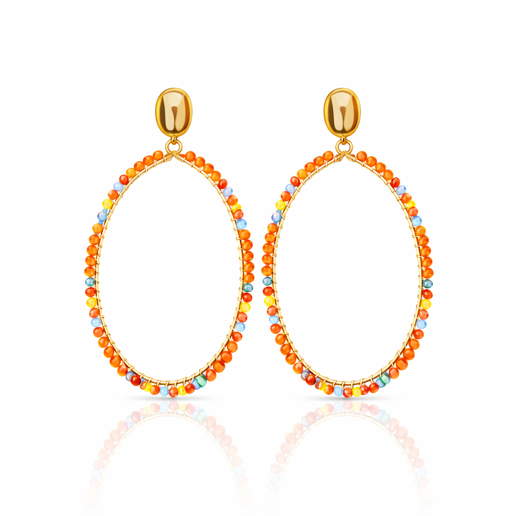 Boucles d'oreilles bohème ovales cristal orange multicolore acier inoxydable doré