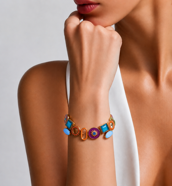 Bracelet ethnique en émail multicolore et strass - ajustable