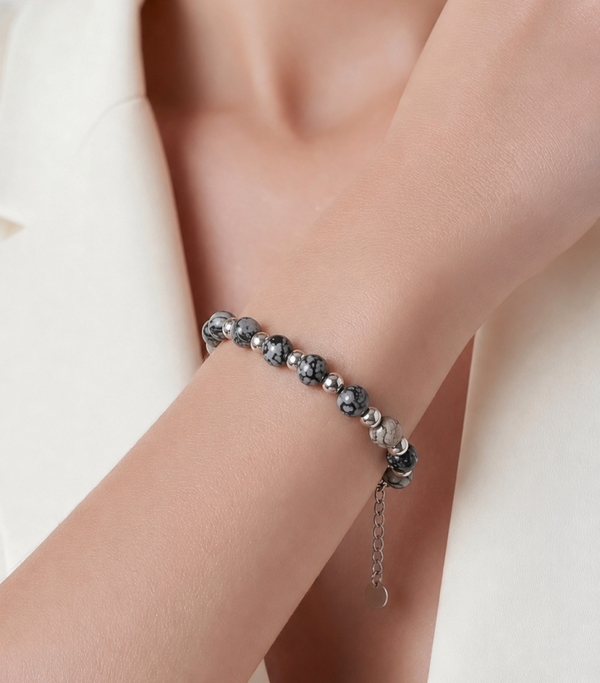 Bracelet pierres naturelles en jaspe gris et argent - acier inoxydable