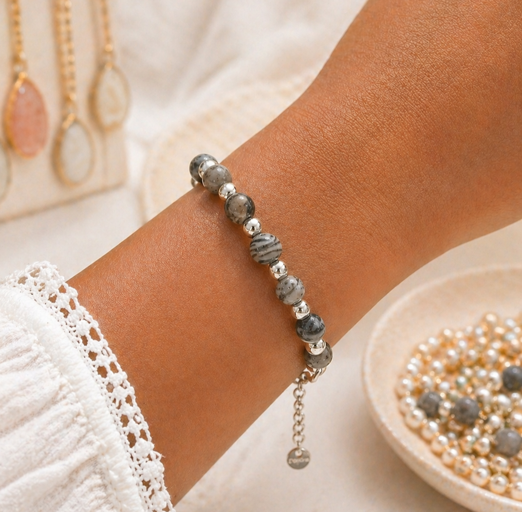 Bracelet jaspe gris ajustable acier inoxydable