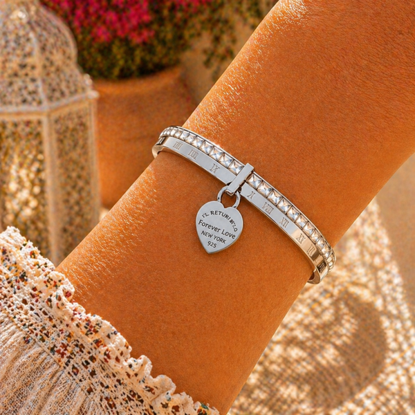 Bracelet jonc argent chiffres romains breloque coeur