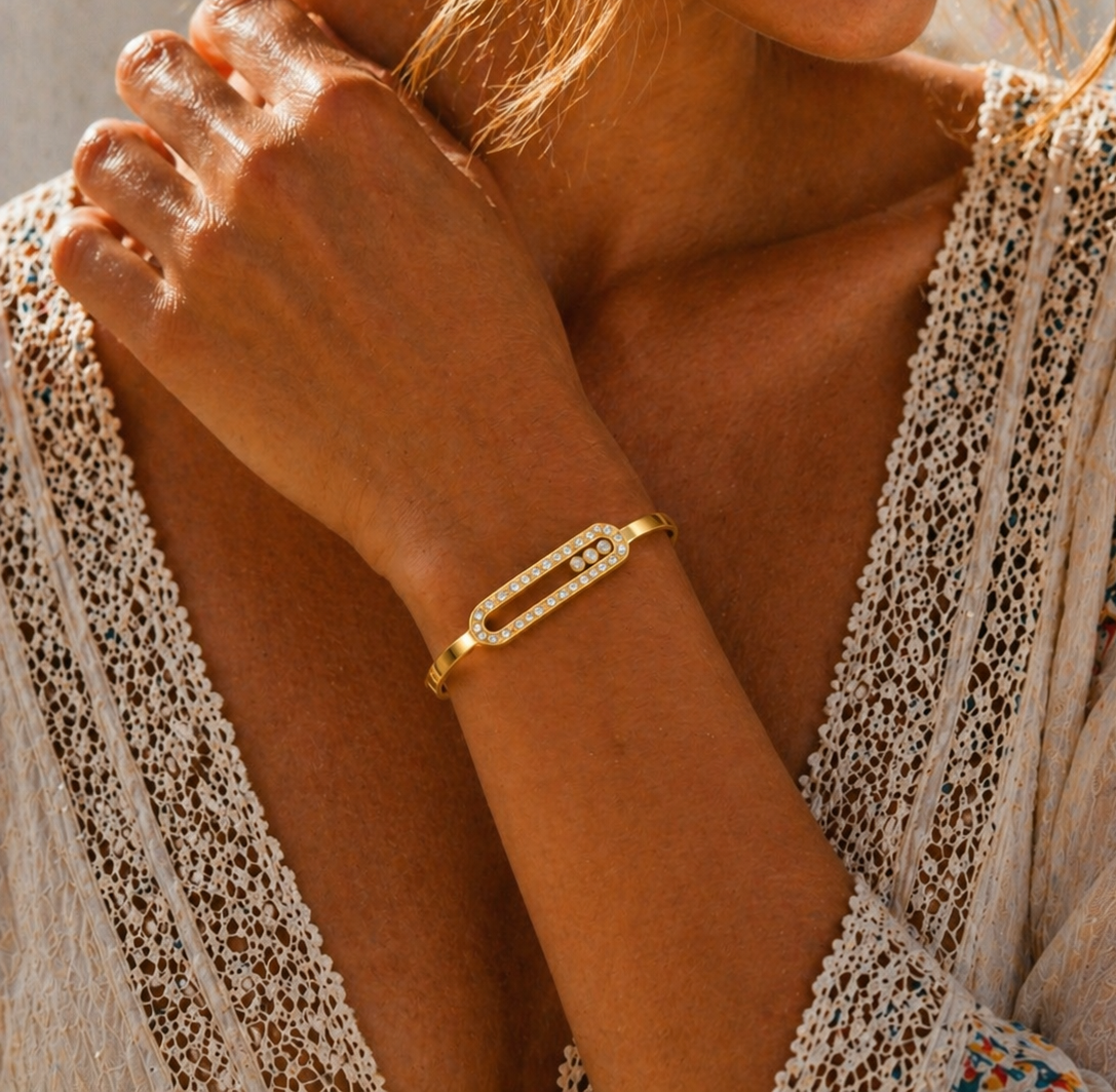 Bracelet jonc acier inoxydable doré - strass mobiles