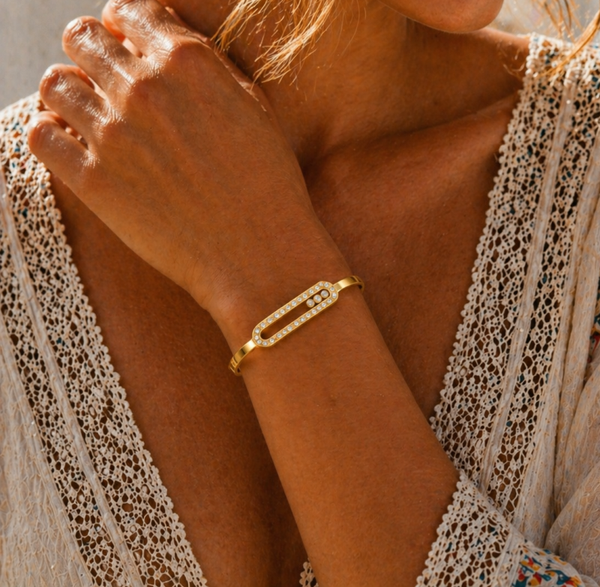Bracelet jonc acier inoxydable doré - strass mobiles