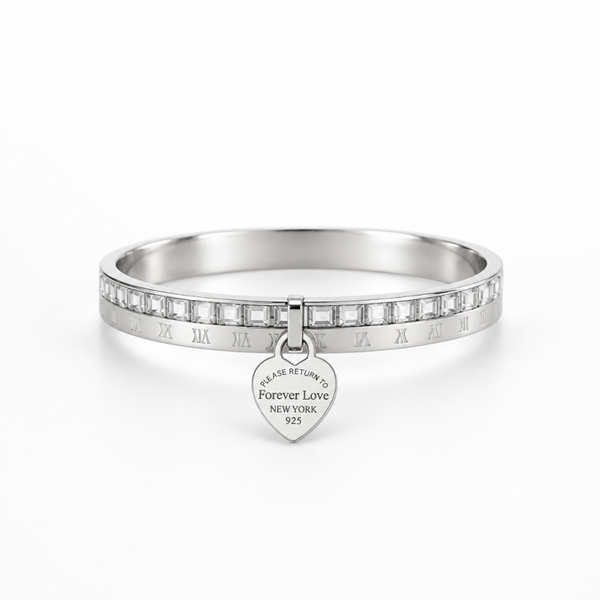 Jonc avec inscription chiffres romains breloque coeur gravé - acier inoxydable