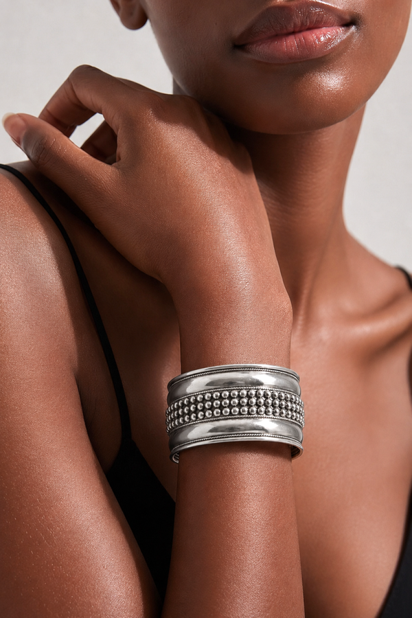 Bracelet manchette bohème ethnique en métal argenté