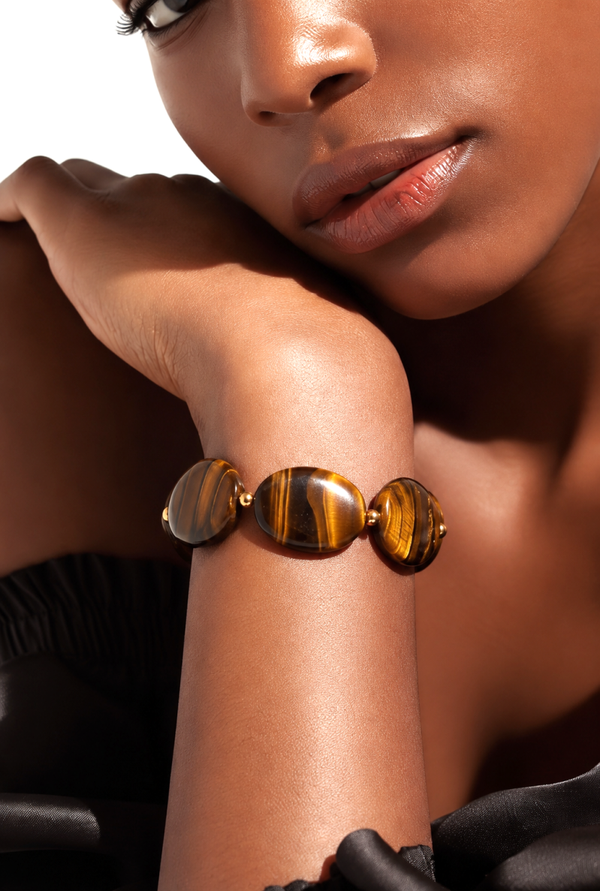Bracelet œil de tigre ovale avec fermoir - acier inoxydable doré