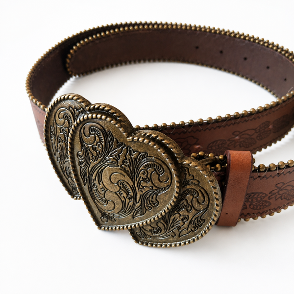 Ceinture vintage trois coeurs métal doré - cuir PU perlé gravé fleurs