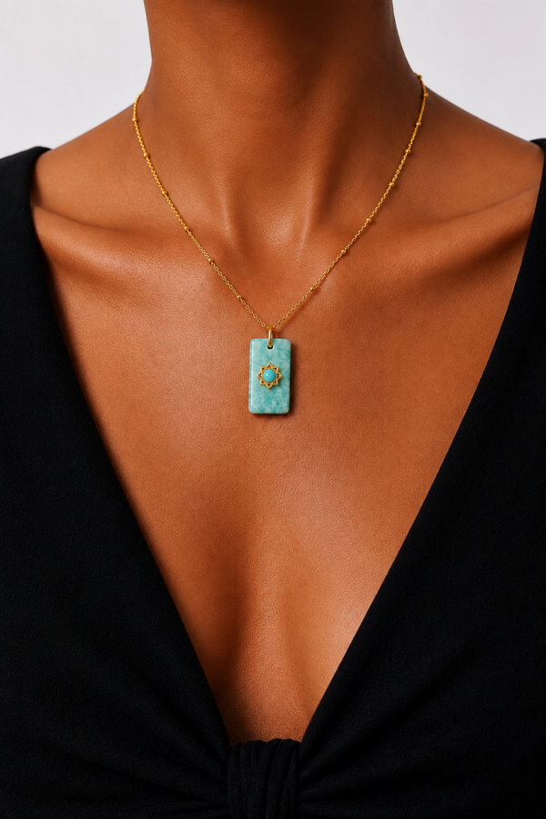 Collier acier inoxydable doré pendentif amazonite rectangulaire