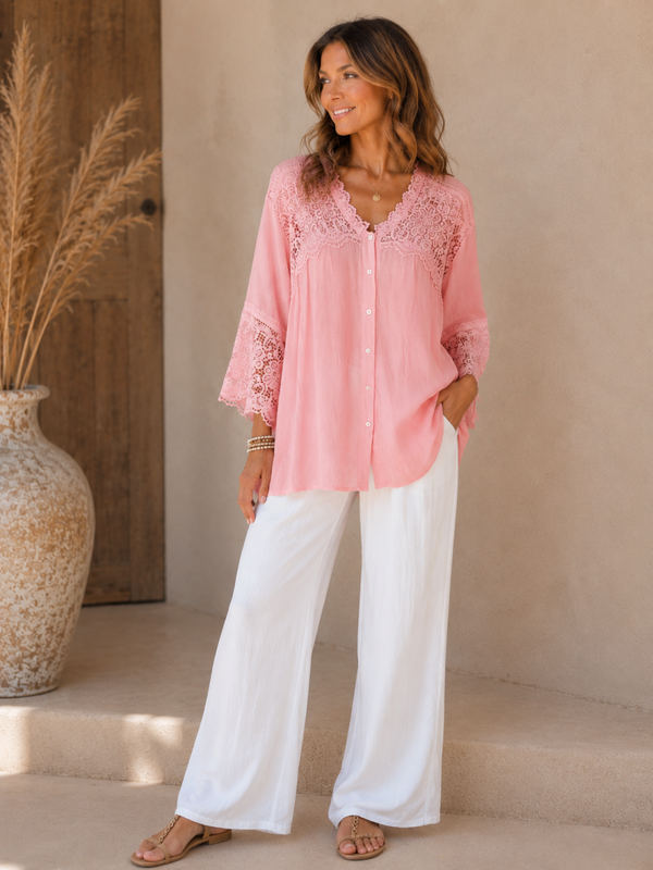 Chemise bohème rose dentelle - Tissu fluide et léger