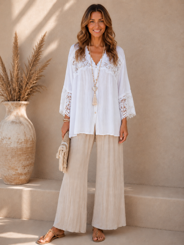 Chemise bohème blanche dentelle - Tissu fluide et léger