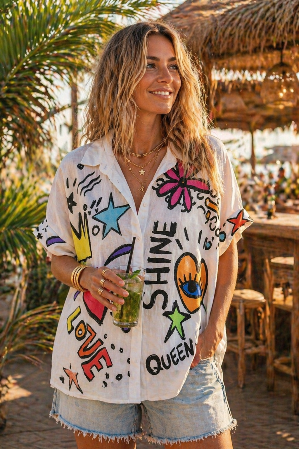 Chemise  oversize blanche imprimée graffitis colorés
