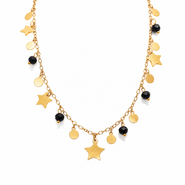 Collier chaîne perles noires et étoiles dorées - acier inoxydable