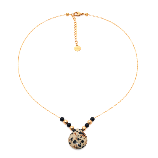 Chaîne avec pendentif en jaspe dalmatien, perles noires et dorées - acier inoxydable
