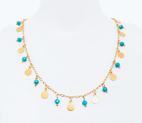 Collier perles turquoise médaillons dorés acier inoxydable