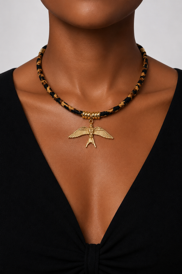 Collier aigle doré et cordon tissu léopard - acier inoxydable