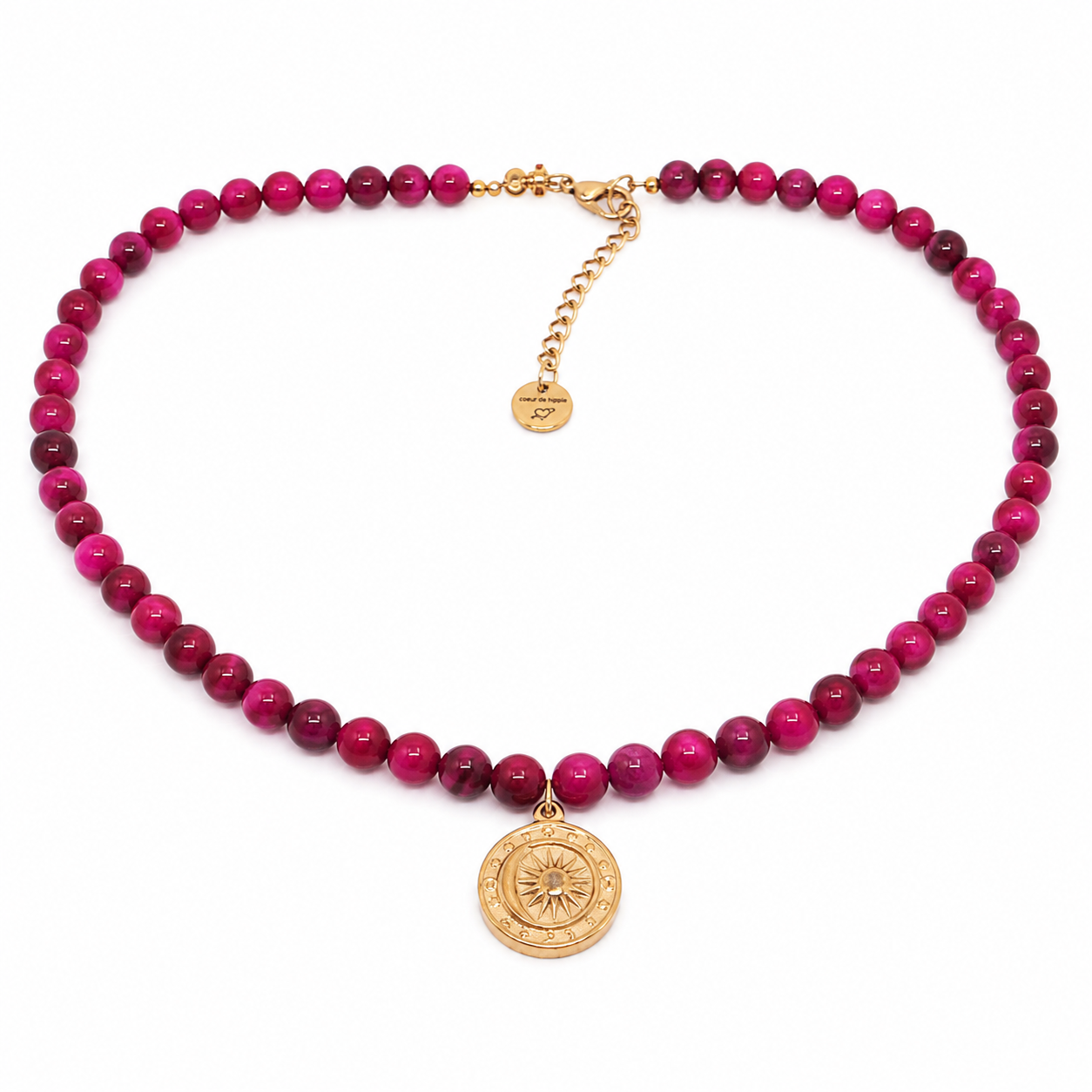 Collier oeil de tigre rose medaillon soleil acier inoxydable