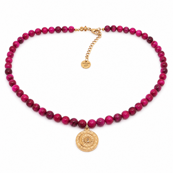 Collier oeil de tigre rose medaillon soleil acier inoxydable