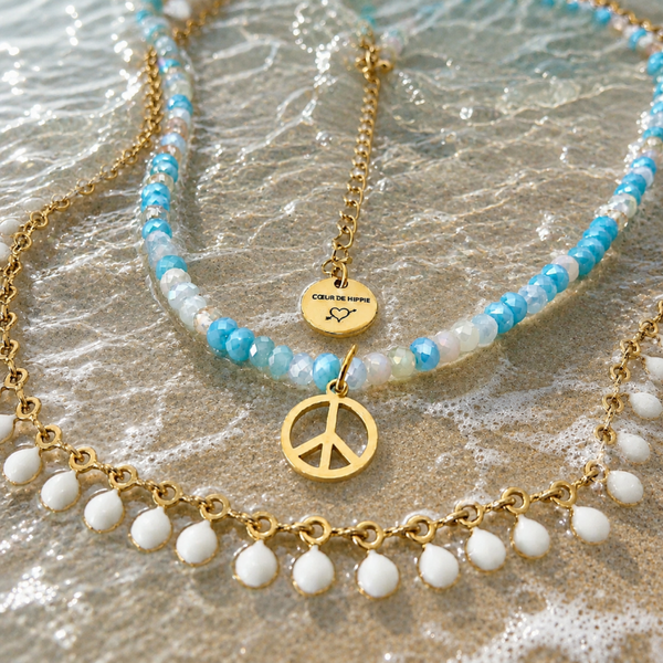 Duo colliers perles multicolores Peace and Love chaîne émail blanc