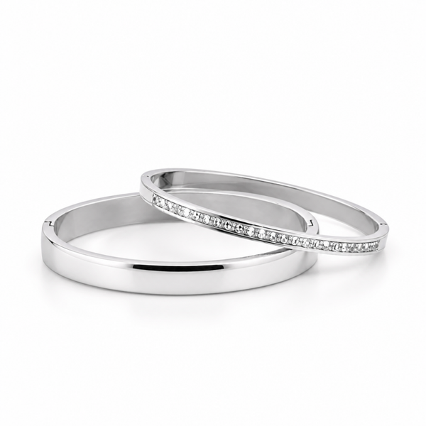 Duo de bracelets joncs en acier inoxydable argenté et strass