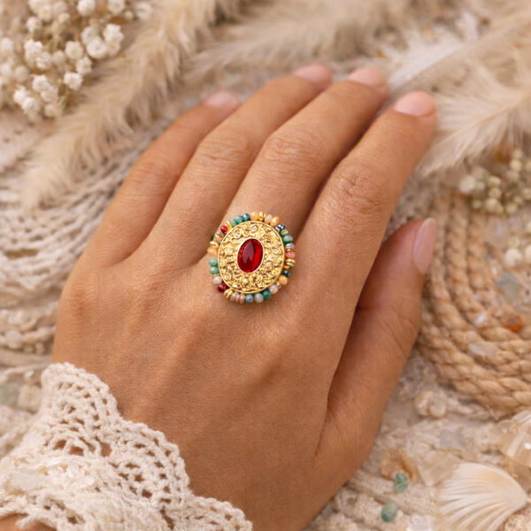 Bague ovale boheme perles multicolores acier inoxydable ajustable