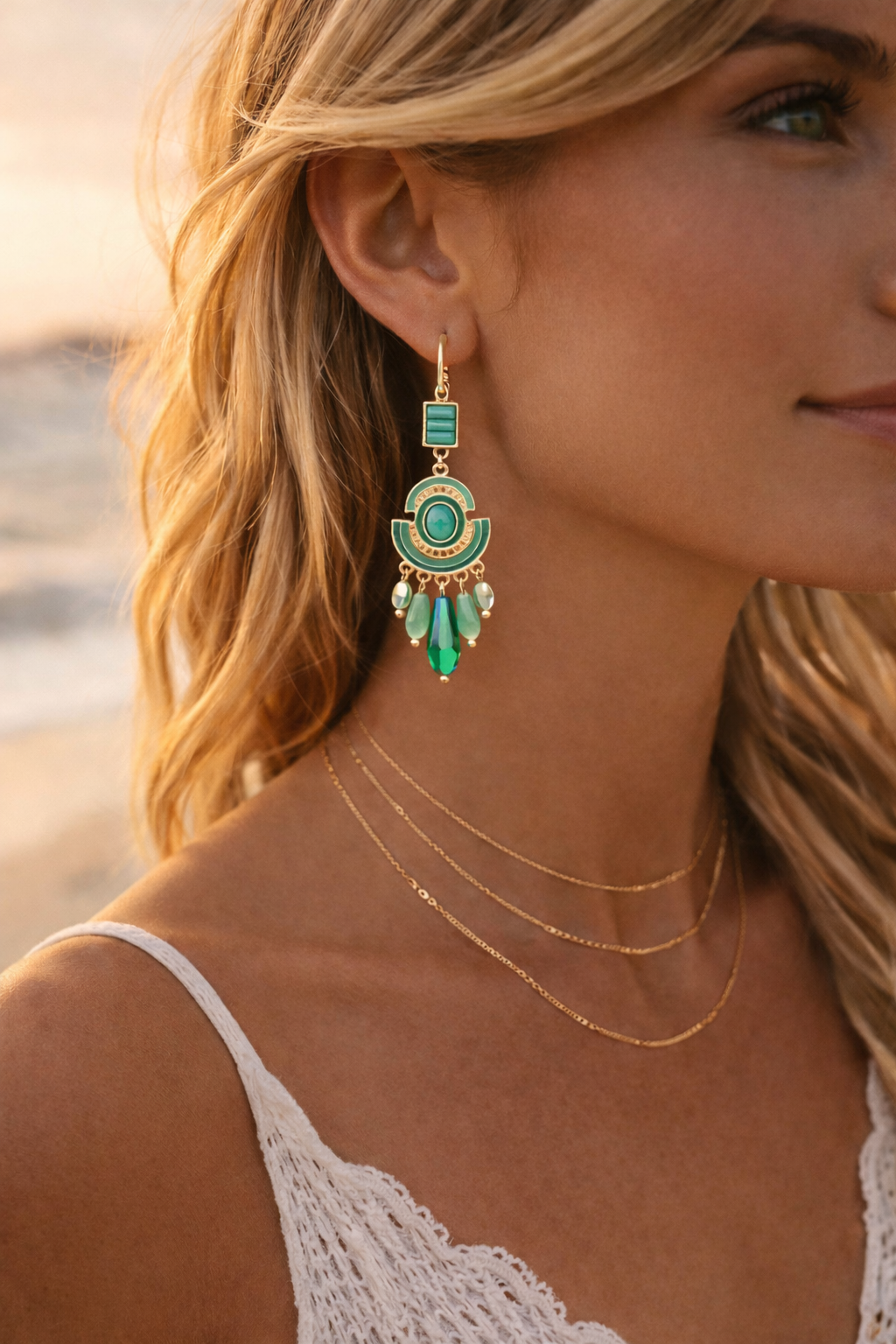 Boucles d'oreilles vert émeraude et turquoise - style bohème chic