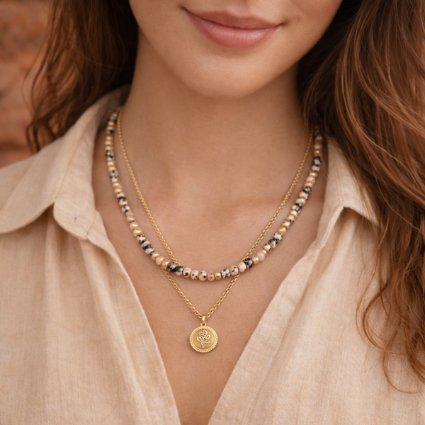 Collier ajustable Terre & Lumière - double rang - pierres naturelles tigrées - acier inoxydable