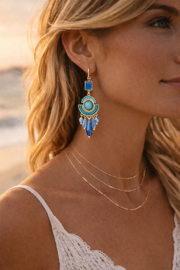 Boucles d'oreilles bleues à pampilles de cristal - style bohème chic