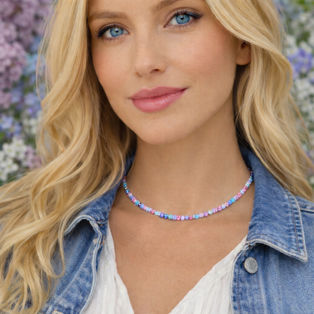 Collier court et fin en perles de verre facettées de 3 mm - bleu ciel et lilas