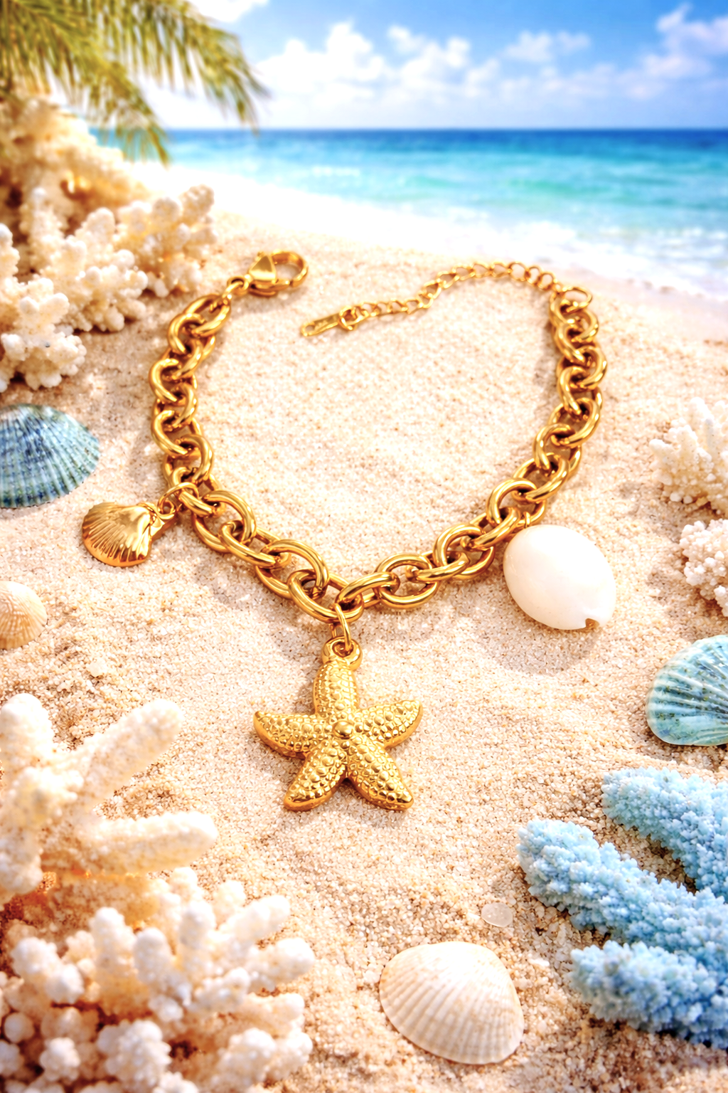 Bracelet - acier inoxydable doré - étoile de mer et coquillage