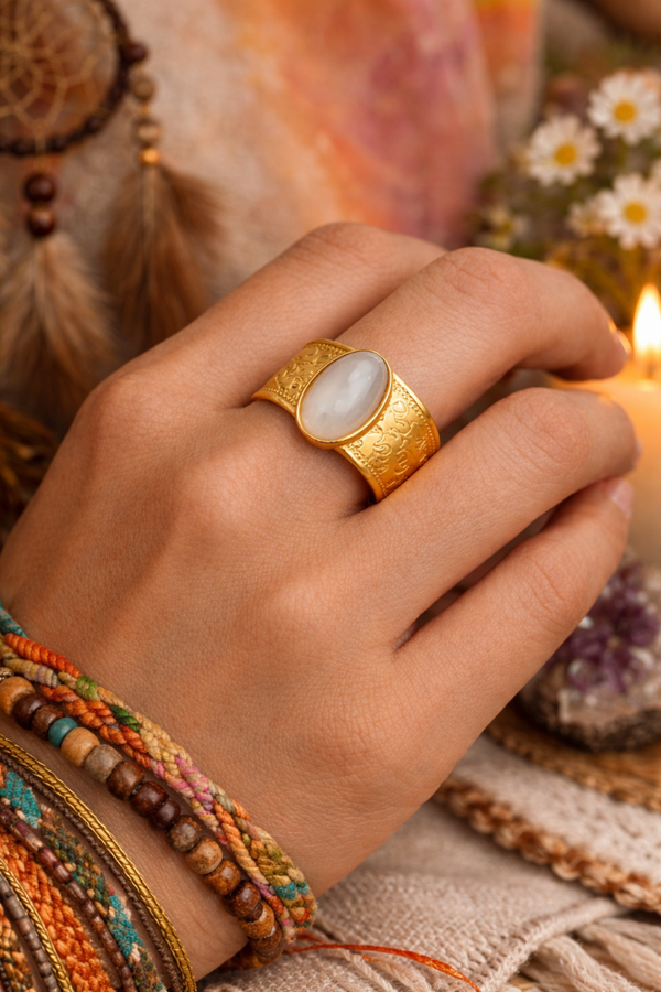 Bague boheme acier inoxydable doré pierre naturelle ovale ajustable