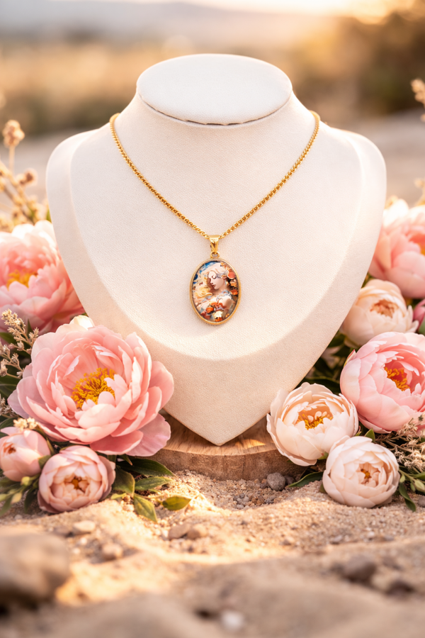 Collier pendentif ovale visage femme blonde fleurs - acier inoxydable doré