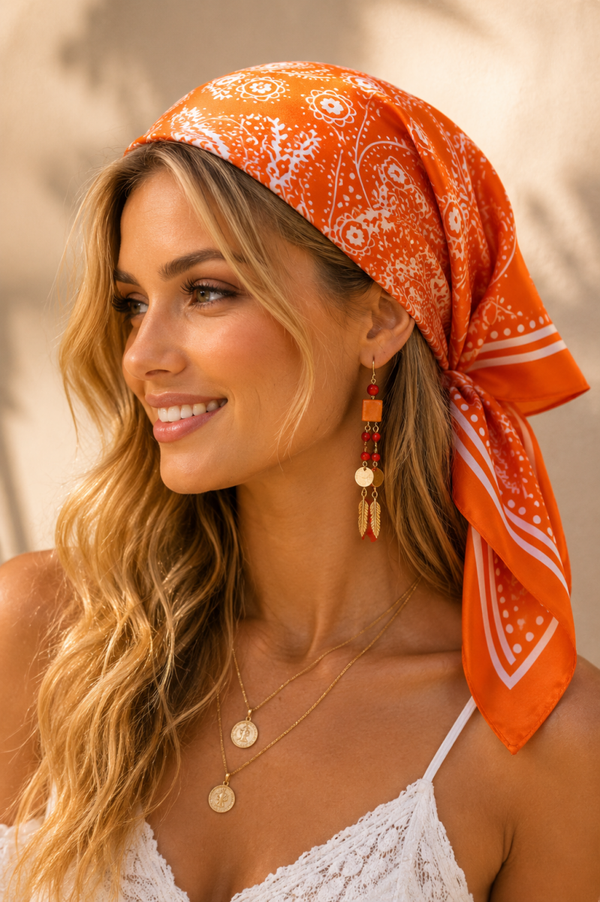 Foulard bandana carré satiné orange - 70 x 70 cm