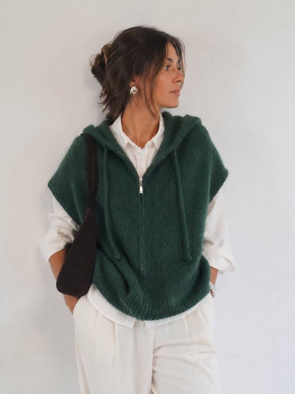 Gilet mohair zippé à capuche - vert sapin
