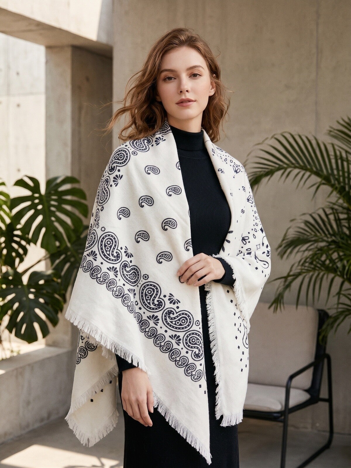 Grand foulard carré en laine motifs paisley - blanc