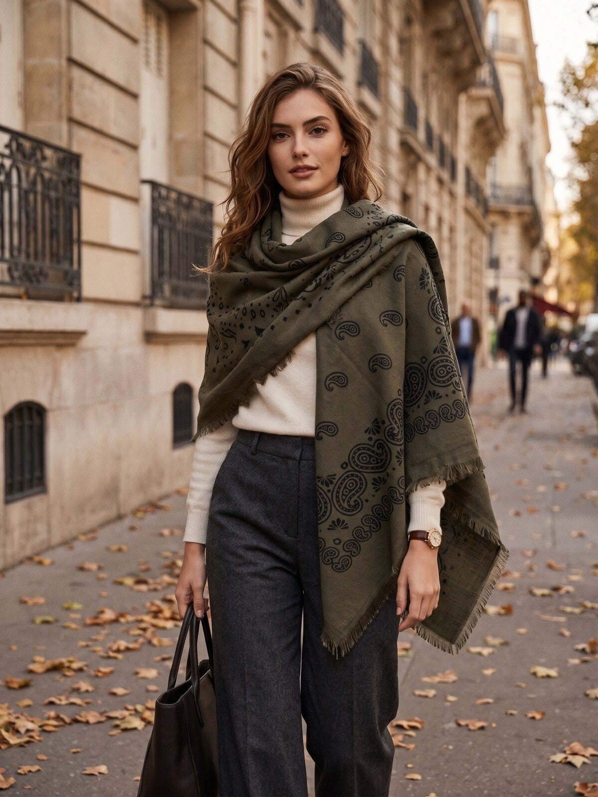 Grand foulard carré en laine motifs paisley - kaki