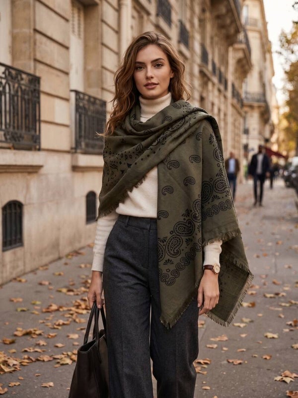 Grand foulard carré en laine motifs paisley - kaki